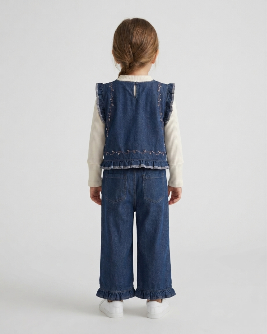 Conjunto niña 3 piezas ropa niña: blusa, chaleco vaquero de mezclilla y pantalón cómodo,Ideal para clima otoñal  en España