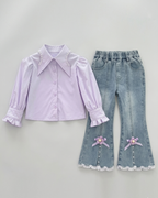 Conjunto niña 3 piezas ropa infantil blusa mangas abullonadas chaleco perlas y pantalón vaquero,Ideal para primavera y para clima otoñal en España