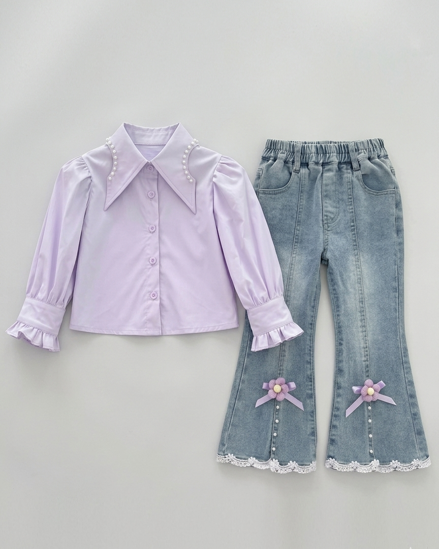 Conjunto niña 3 piezas ropa infantil blusa mangas abullonadas chaleco perlas y pantalón vaquero,Ideal para primavera y para clima otoñal en España