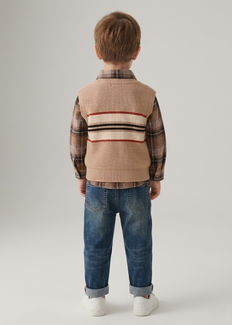 Conjunto bebé niño 3 piezas ropa infantil: camisa cuadros, chaleco lana y pantalón vaquero en España