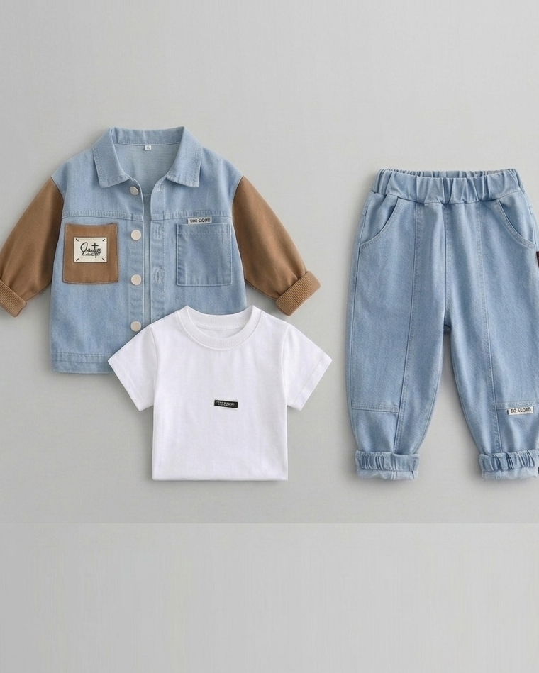 Conjunto niño ropa infantil 3 piezas vaquero moderno con camisa y pantalón , Ideal para primavera en España