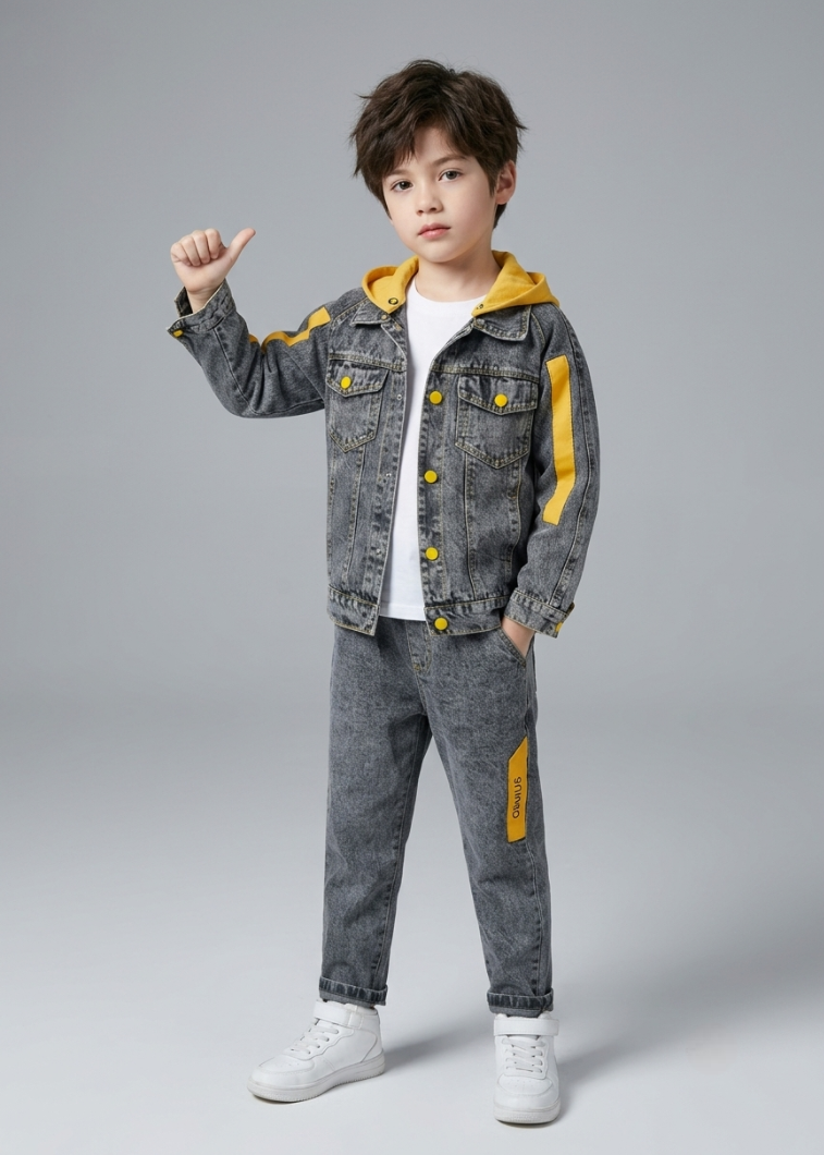 Conjunto vaquero niño 3 piezas: chaqueta vaquera, sudadera con capucha y pantalón vaquero, ropa niño streetwear en España
