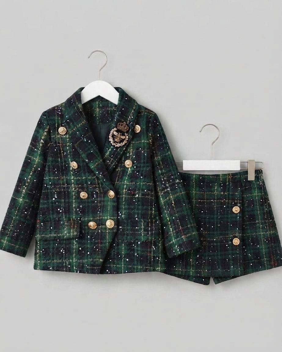 Conjunto Elegante de Tweed Verde para Niñas