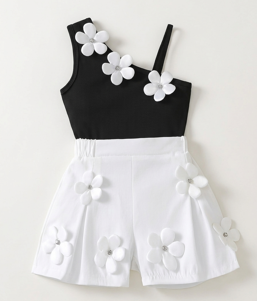 Conjunto de niña con top de espalda cruzada y shorts con flores 3D