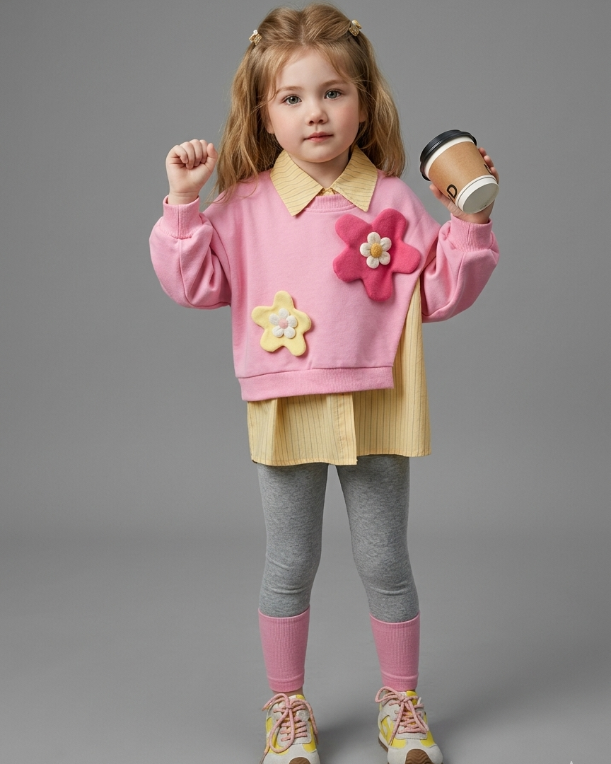 Conjunto niña 3 piezas sudadera y camiseta interior flores 3D ropa infantil,destacada para looks elegantes y sencillos en España