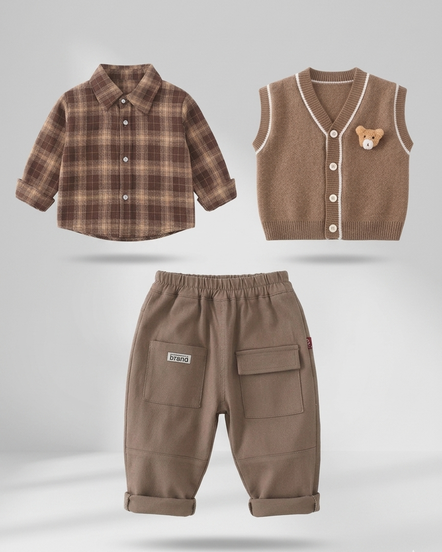 Conjunto ropa bebé niño 3 piezas invierno camisa de cuadros chaleco de lana pantalón , Ideal para clima otoñal en España