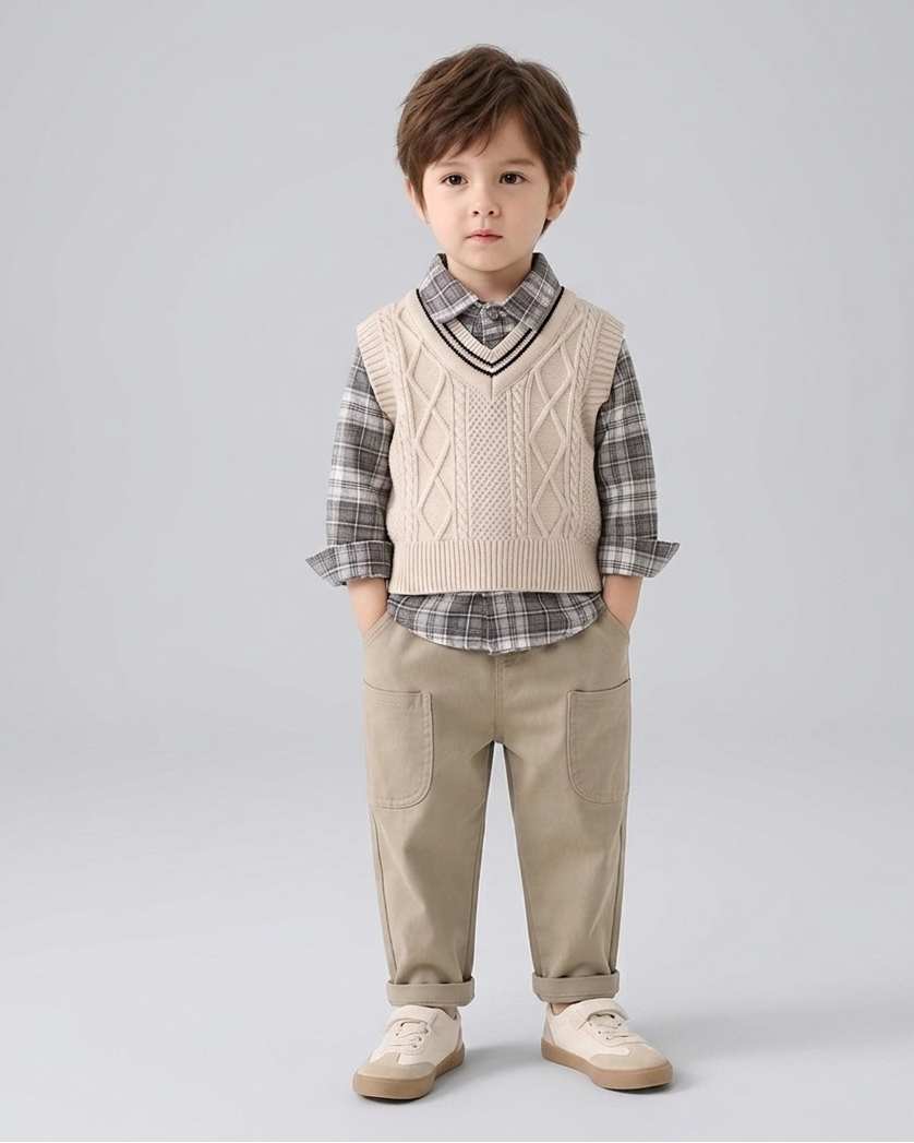 Conjunto bebé niño 3 piezas invierno: suéter lana, camisa cuadros y pantalón elástico en España