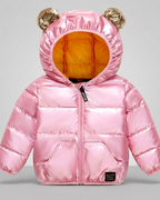 Chaqueta bebé niña y niño invierno impermeable negra con detalles dorados y capucha con orejitas en España