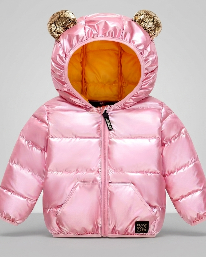 Chaqueta bebé niña y niño invierno impermeable negra con detalles dorados y capucha con orejitas en España