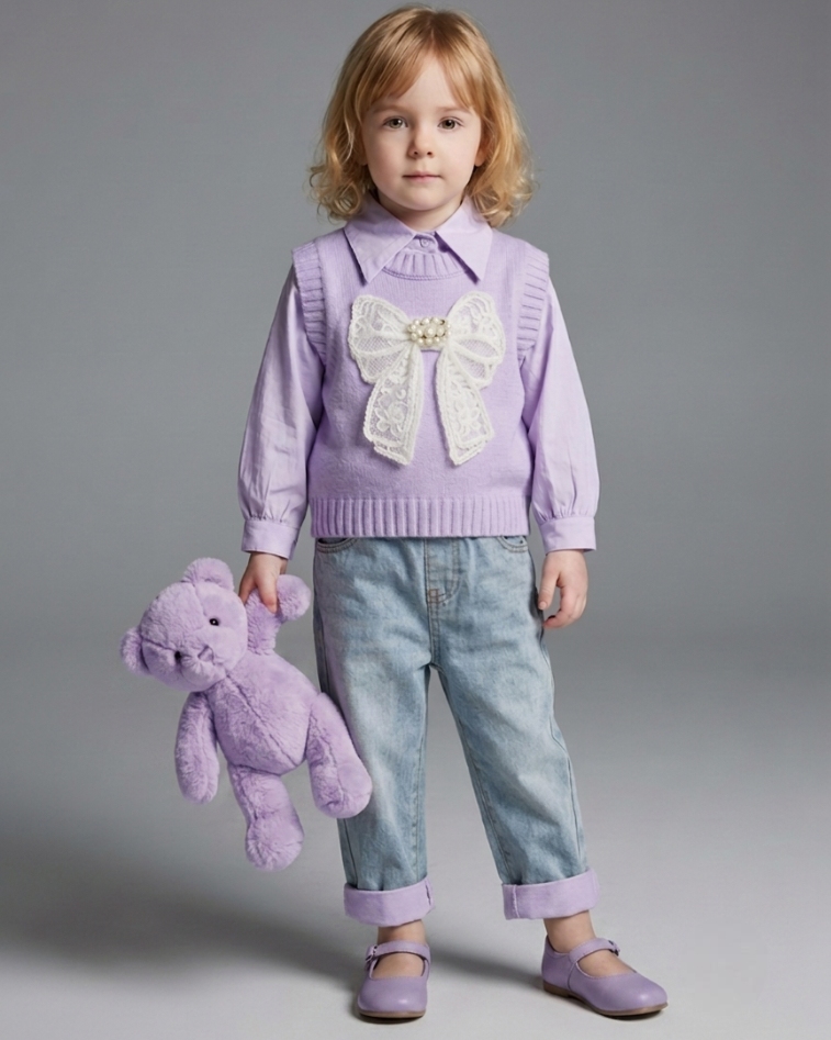 Conjunto niña 3 piezas invierno: camisa manga larga, chaleco de lana y pantalón vaquero en España