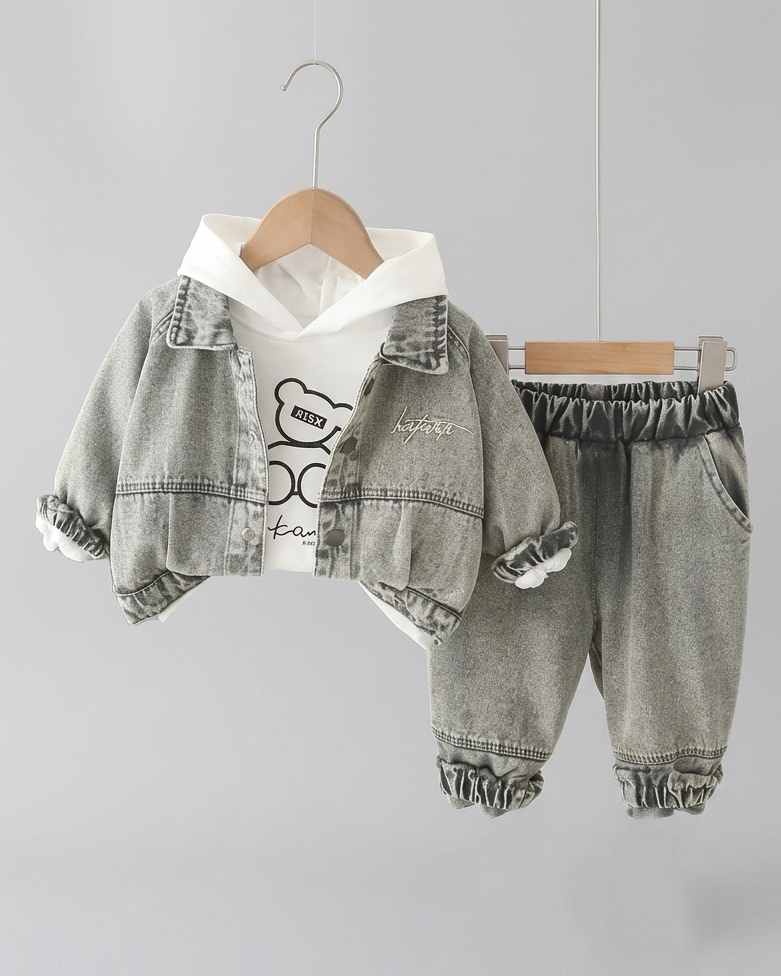 Conjunto bebé 3 piezas vaquero: chaqueta denim, camiseta de algodón y pantalón elástico para niño y  en España
