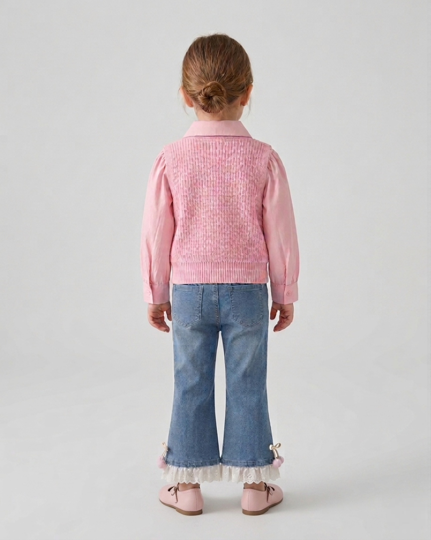 Conjunto niña 3 piezas ropa infantil (blusa, chaleco de punto y pantalón vaquero) para otoño y primavera en España