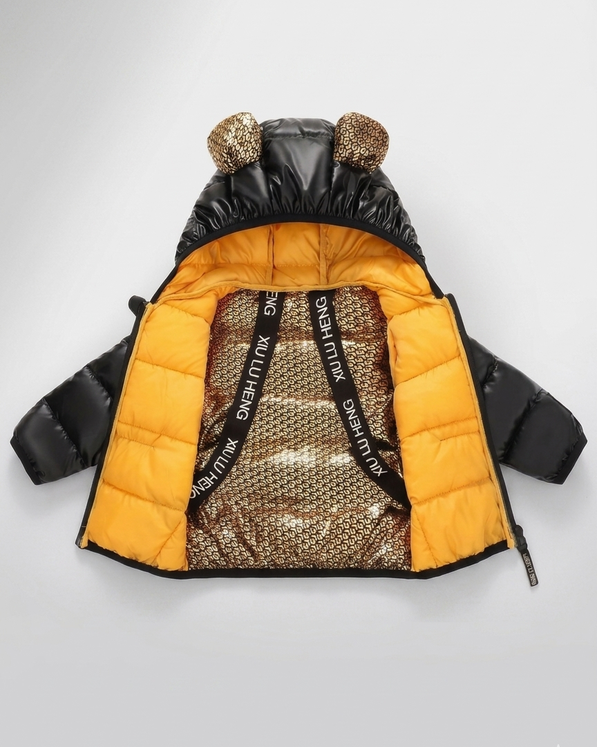 Chaqueta bebé niña y niño invierno impermeable negra con detalles dorados y capucha con orejitas en España