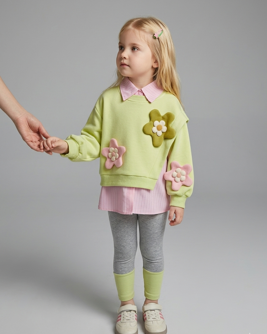 Conjunto niña 3 piezas sudadera y camiseta interior flores 3D ropa infantil,destacada para looks elegantes y sencillos en España