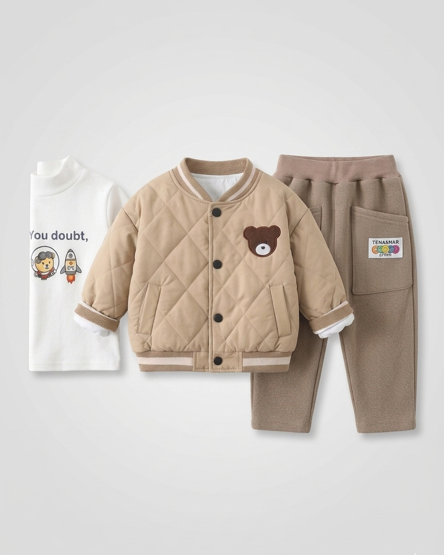 Conjunto bebé niño 3 piezas invierno: chaqueta acolchada con bordado de osito, camiseta interior y pantalón de algodón ropa en España