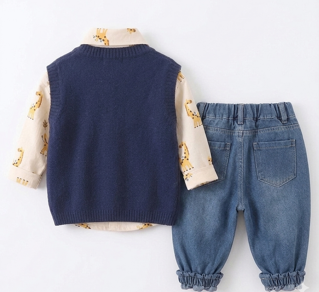 Conjunto bebé 3 piezas ropa bebé algodón con chaqueta de punto y pantalón vaquero con jirafa 3D en España