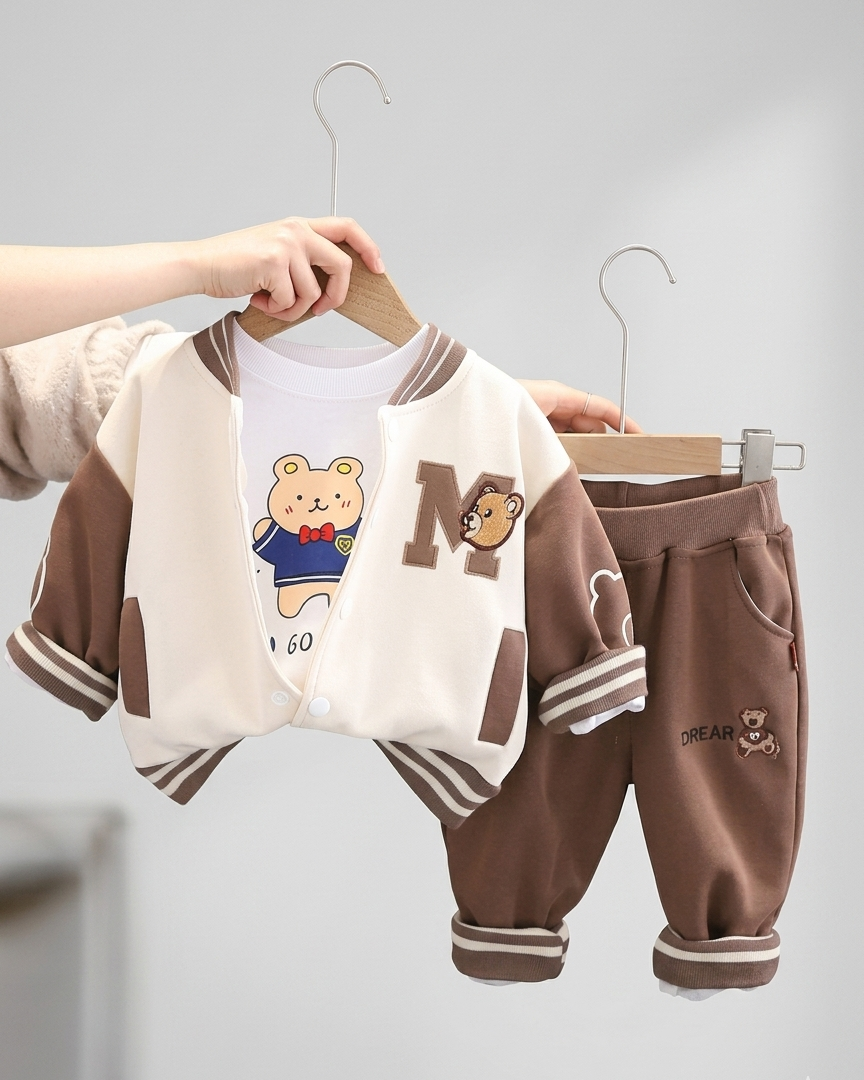 Conjunto niño invierno 3 piezas con chaqueta varsity, camiseta interior y pantalón largo,ropa infantil invierno en España