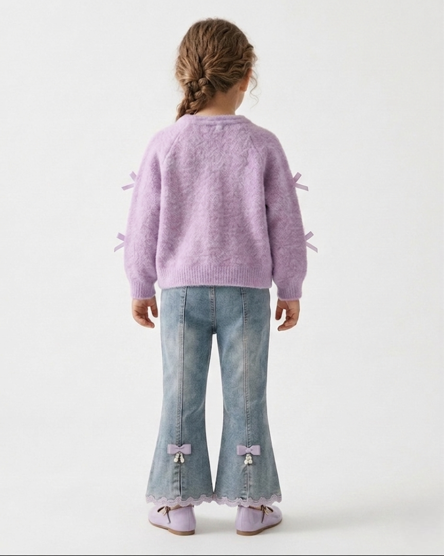 Conjunto niña invierno 2 piezas cárdigan lana suave y pantalón vaquero acampanado en España
