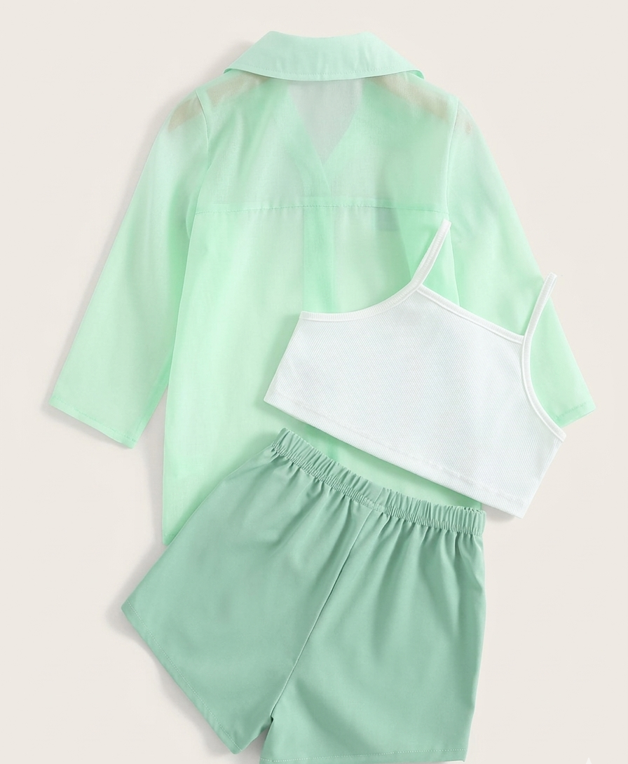 Conjunto para niñas: chaqueta transparente, camiseta y shorts – 4 días hábiles