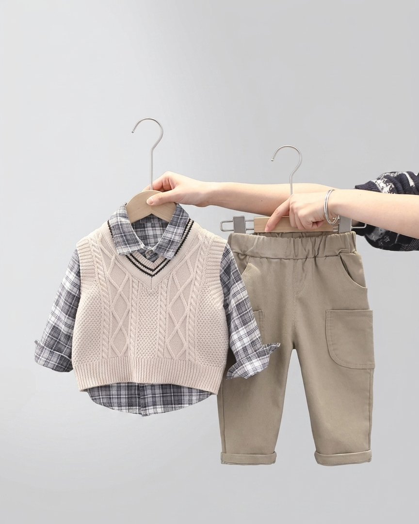 Conjunto bebé niño 3 piezas invierno suéter lana camisa cuadros y pantalón elástico en España
