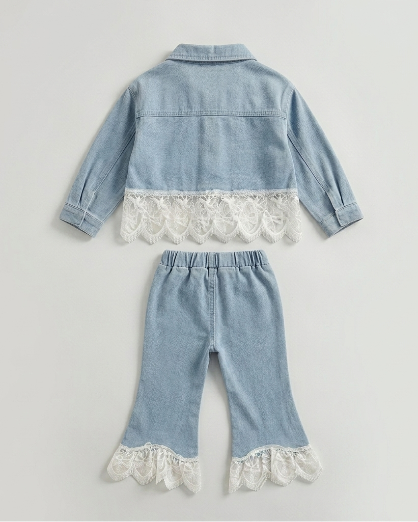 Conjunto niña 2 piezas vaquero chaqueta denim con encaje y pantalón vaquero Ideal para clima otoñal en España