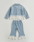 Conjunto niña 2 piezas vaquero chaqueta denim con encaje y pantalón vaquero Ideal para clima otoñal en España