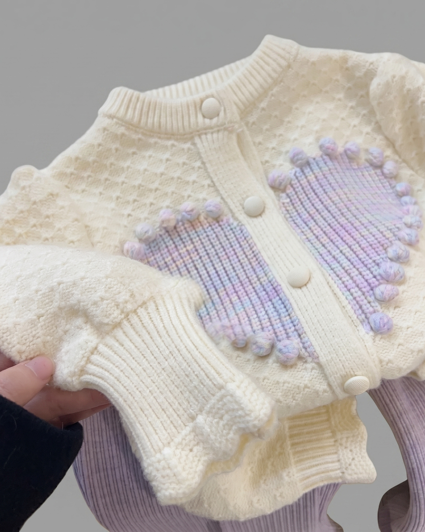 Conjunto niña invierno 2 piezas con bordado de corazón y tejido cálido,Ideal para clima otoñal en España