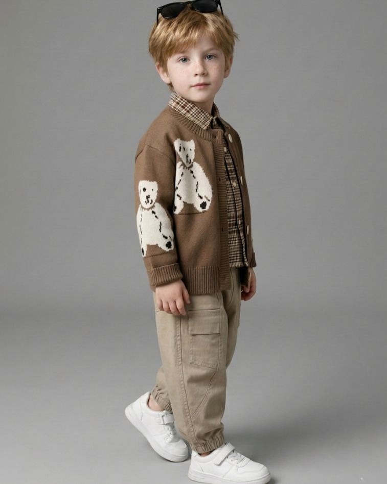 Conjunto bebé 3 piezas ropa bebé niño con cárdigan de oso camisa de cuadros y pantalón beige en España