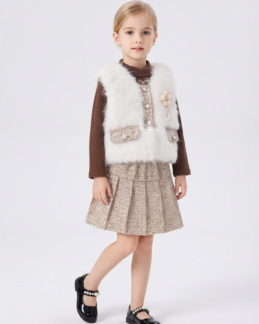 Conjunto Niña Falda Tweed Invierno Chaleco Piel