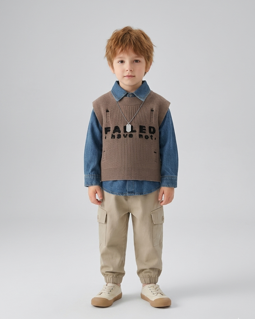 Conjunto niño 3 piezas casual moderno con chaleco de punto, ropa infantil niño,Ideal para clima otoñal en España