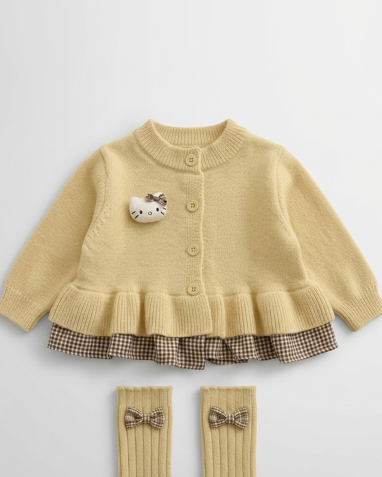 Conjunto niña invierno 2 piezas cárdigan de punto y falda estampada ,destacada para looks elegantes y sencillos en España