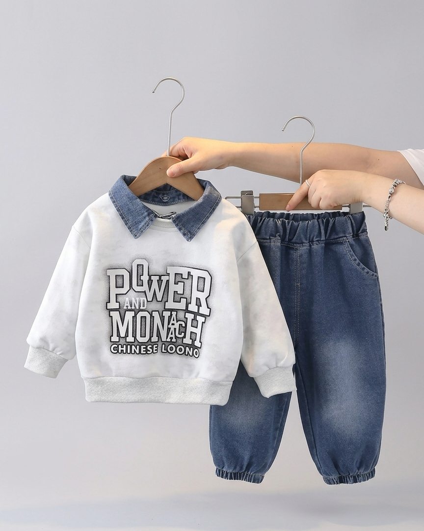 Conjunto niño 2 piezas sudadera con cuello vaquero y pantalón denim en España