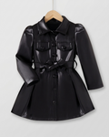 Abrigo Niña Negro Elegante Piel Sintética Gabardina