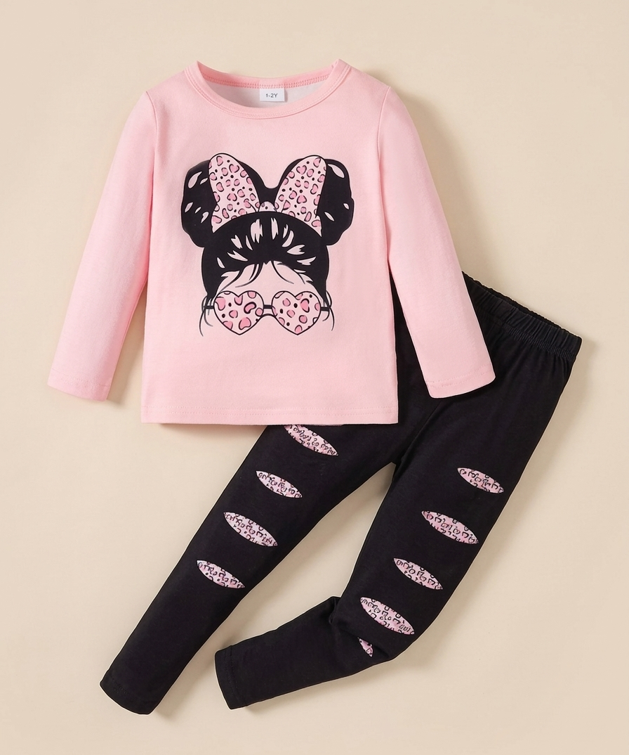 Conjunto Pink Heart Camiseta y Leggings Modernos para Niñas