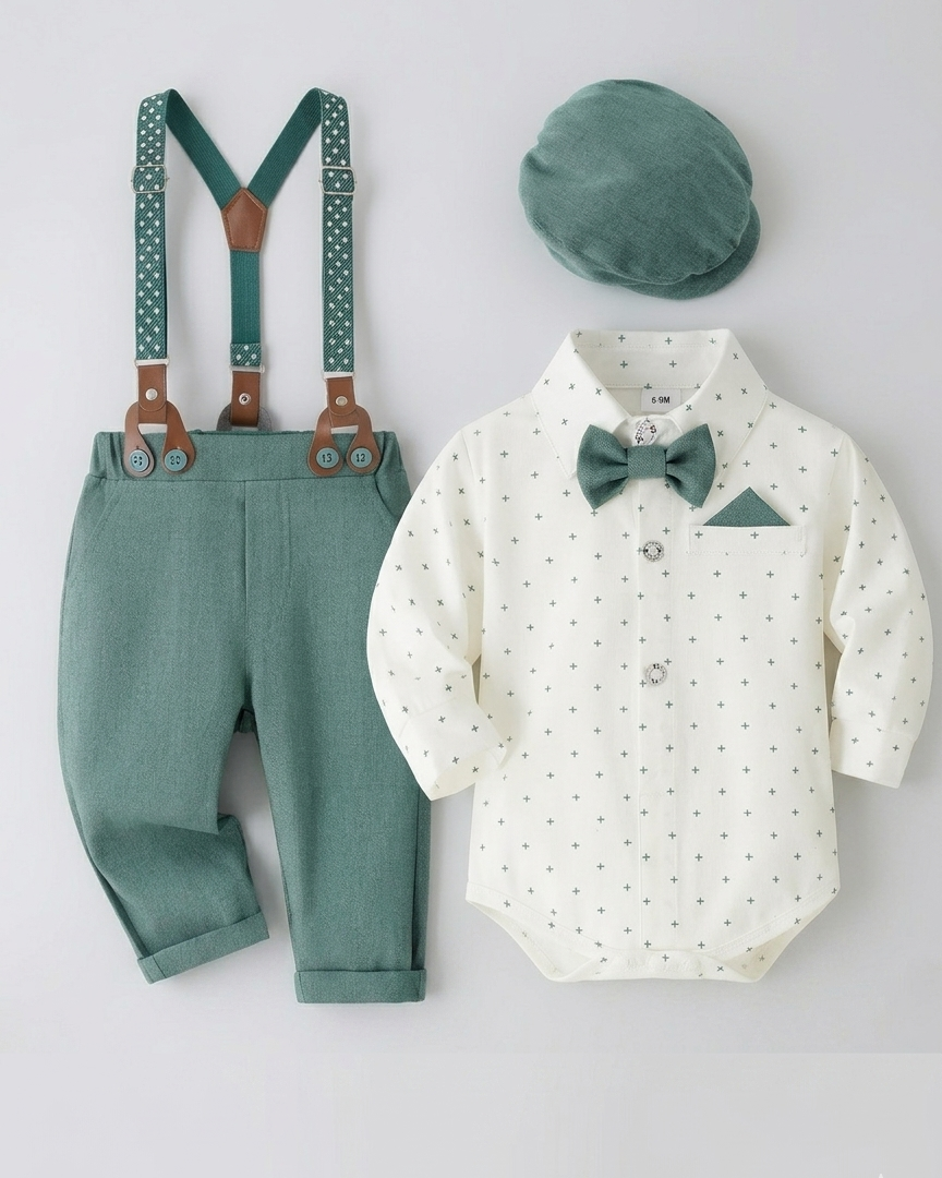 Conjunto bebé niño elegante de 4 piezas con body, pantalón con tirantes, corbata y gorra en España
