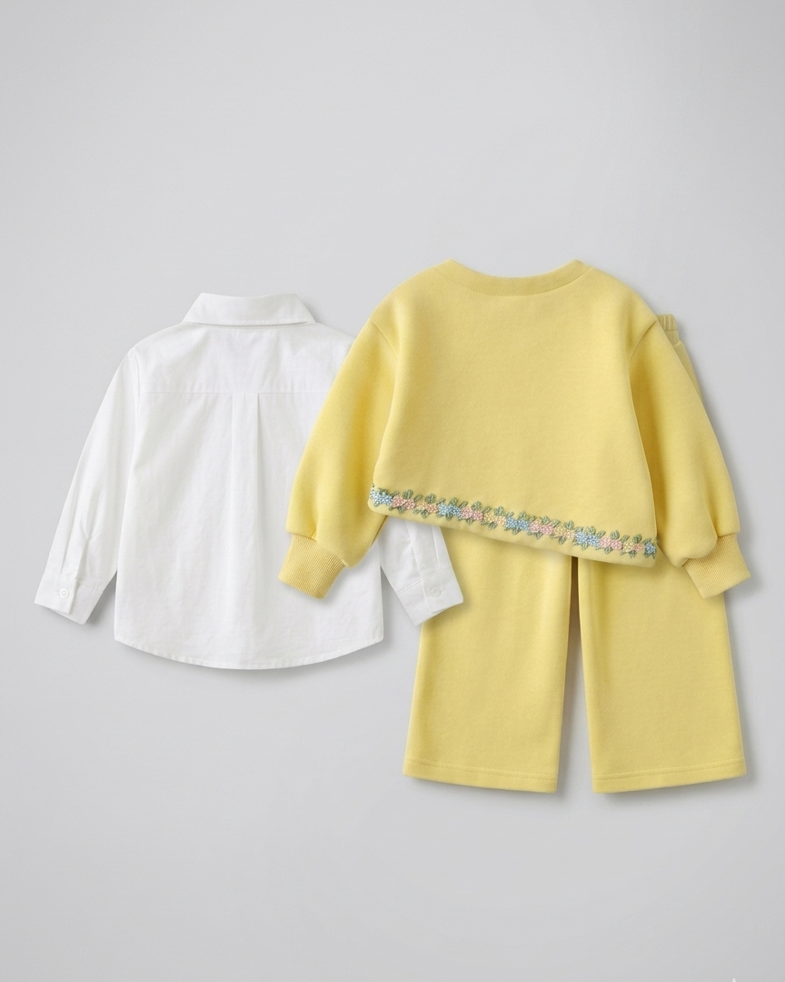 Conjunto niña 3 piezas ropa infantil con suéter bordado floral y camisa blanca,Ideal para primavera y para clima otoña en España
