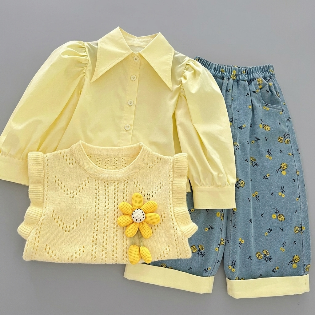 Conjunto niña elegante 3 piezas con suéter amarillo y pantalones de mezclilla con flores. Ropa infantil muy chic.