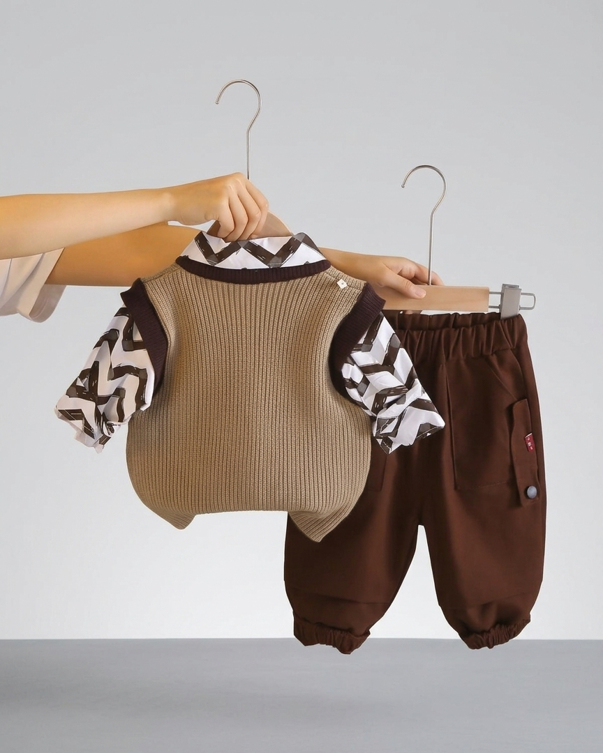 Conjunto bebé 3 piezas invierno chaleco lana camisa estampada y pantalón cómodo en España