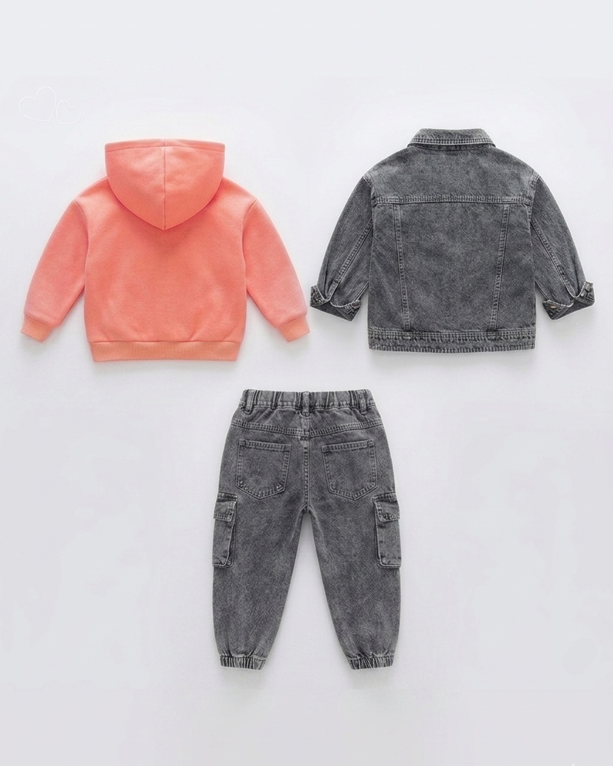 Conjunto infantil 3 piezas con sudadera con capucha, chaqueta vaquera y pantalón vaquero casual en España