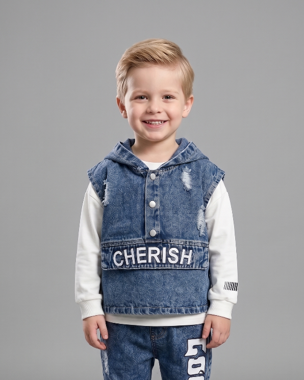 Conjunto niño 3 piezas ropa infantil vaquera con chaleco con capucha, camiseta blanca y pantalón vaquero en España