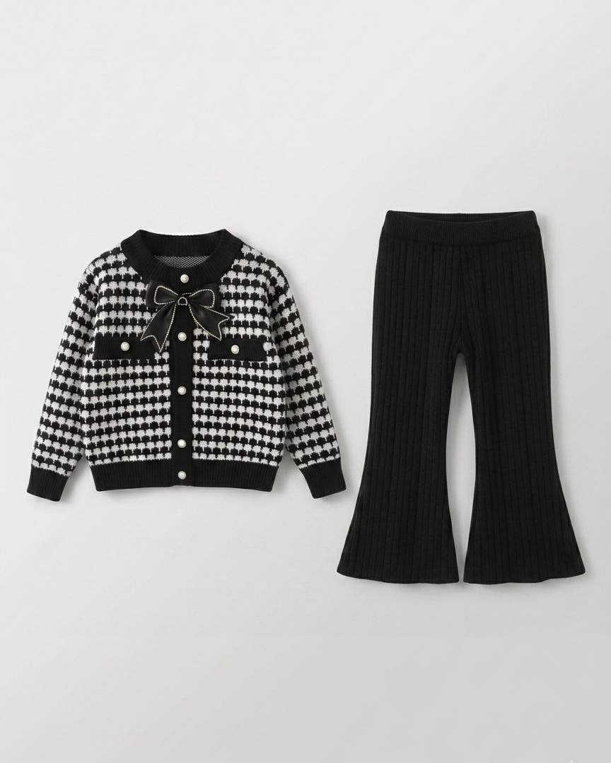 Conjunto niña invierno elegante ropa infantil: chaqueta tejida houndstooth y pantalón en España