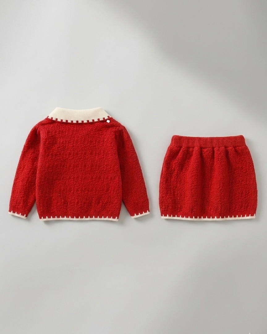 Conjunto niña invierno punto 2 piezas suéter y falda roja elegante ropa infantil,Ideal para clima otoñal en España