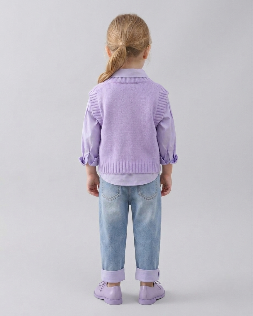 Conjunto niña 3 piezas invierno: camisa manga larga, chaleco de lana y pantalón vaquero en España