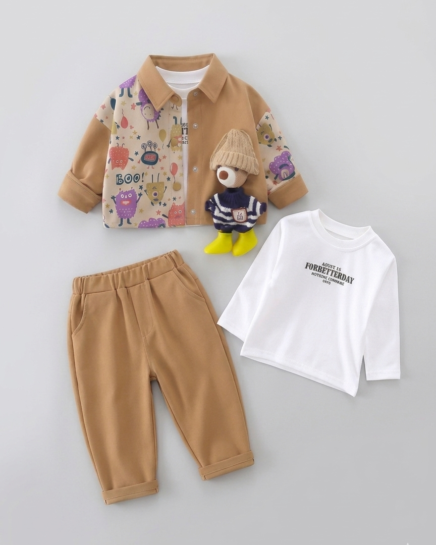 Conjunto bebé 3 piezas ropa infantil con chaqueta estampada de dibujos animados, camiseta de algodón y pantalón cálido en Españ