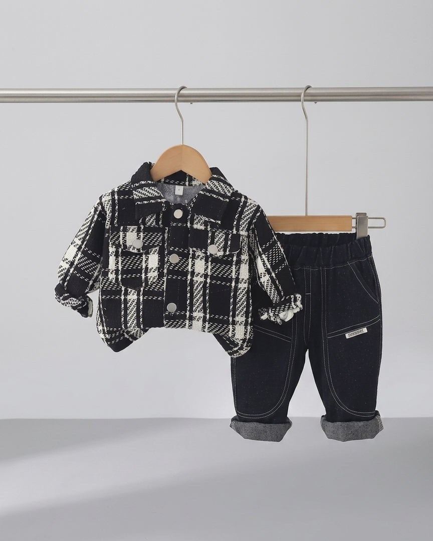 Conjunto bebé niño 3 piezas camisa tartán, camiseta y pantalón vaquero en España