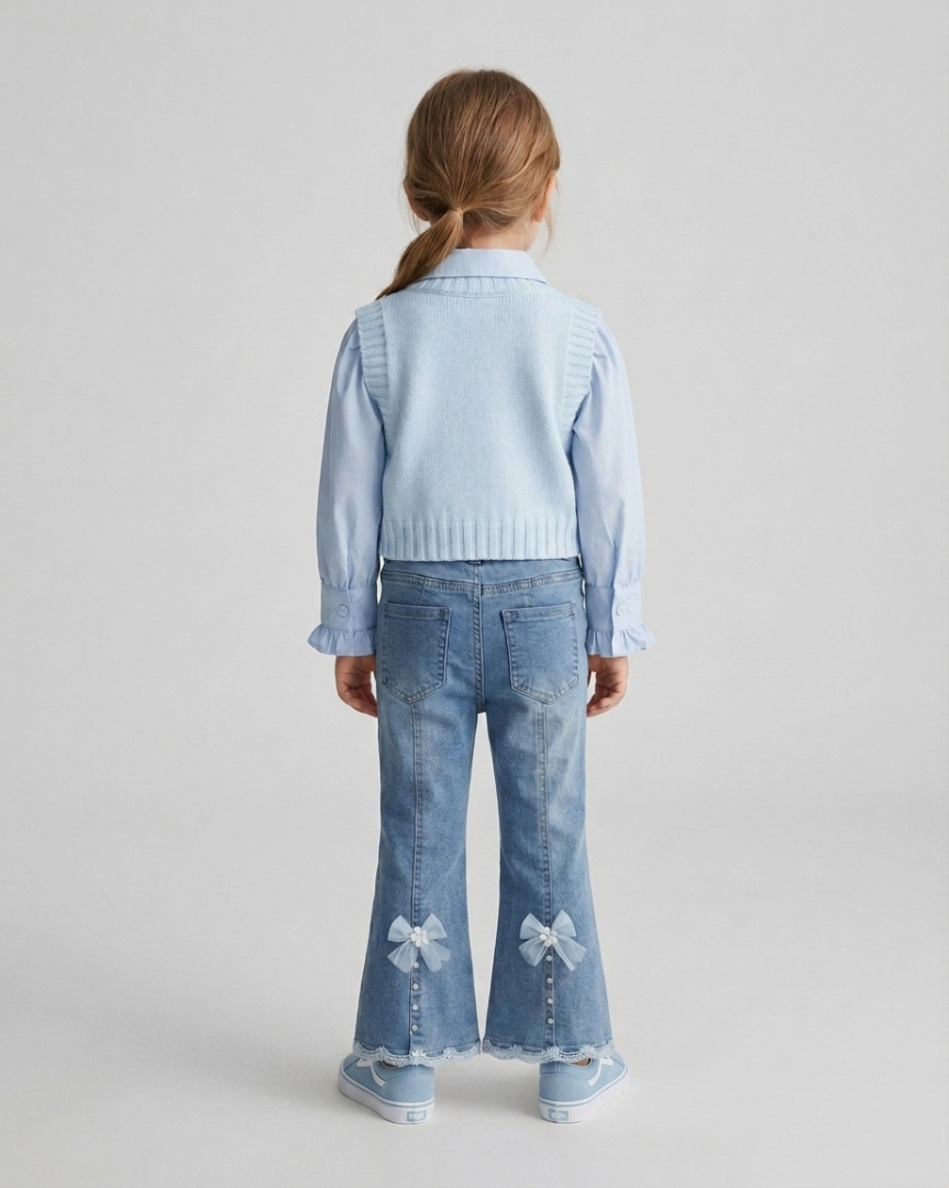 Conjunto niña 3 piezas ropa bebé niña elegante: blusa con mangas abullonadas, chaleco de punto con perlas y pantalón vaquero  en España