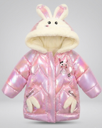 Chaqueta niña acolchada de invierno con capucha de peluche y orejas de conejo en relieve 3D abrigo , en España