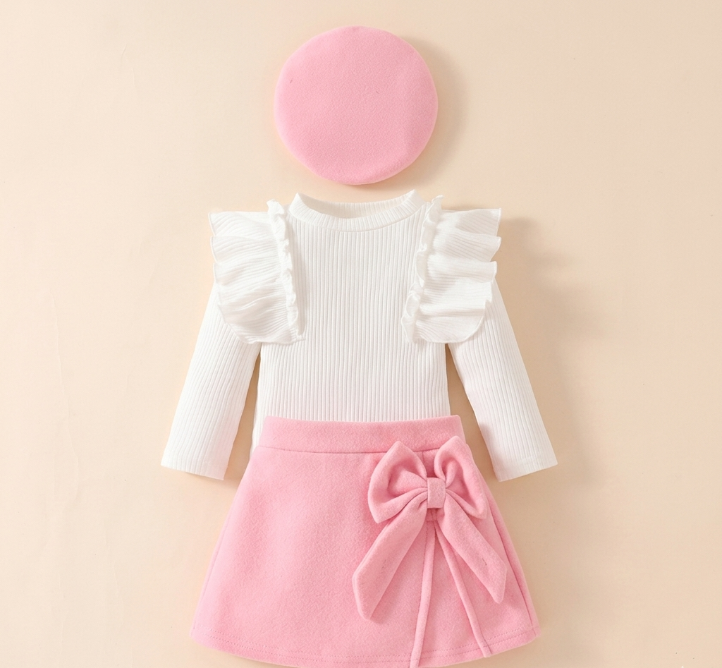 Conjunto de invierno de 3 piezas: blusa, falda y gorro en rojo y blanco ❄️✨