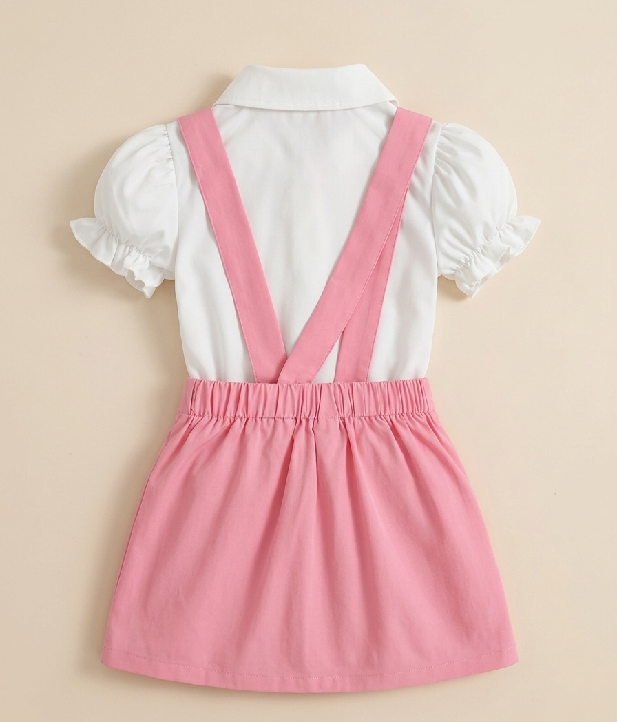 Conjunto de Falda con Tirantes y Blusa con Lazo para Niñas