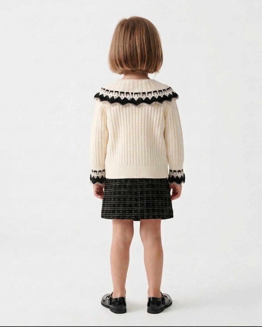 Conjunto niña invierno 2 piezas cárdigan de punto y falda estampada ,destacada para looks elegantes y sencillos en España